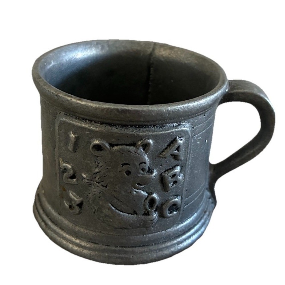 Carson Pewter Baby Cup Teddy Bear Alphabet 2.5x3" USA Vintage